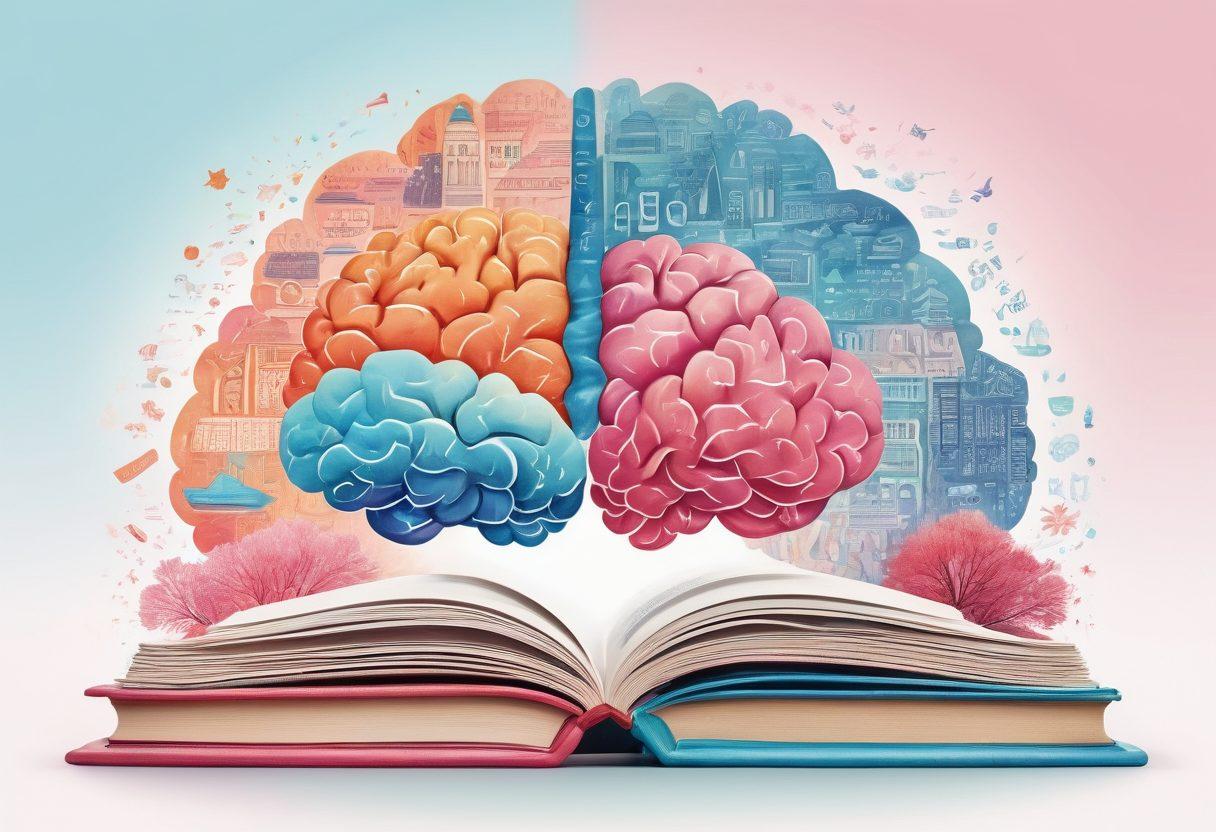 A whimsical illustration of a brain with two halves representing different languages, surrounded by books, speech bubbles, and cultural icons from around the world. Include bright colors and playful elements to convey the excitement of learning languages. The background should be a soft gradient that enhances the elements in the foreground. watercolor style. vibrant colors.