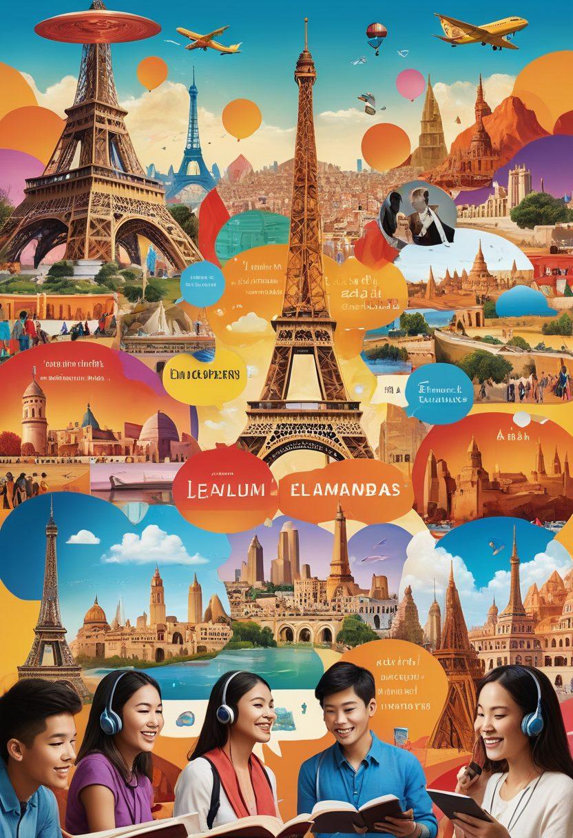 A creative collage illustrating a diverse group of people engaging in language learning through various dynamic techniques such as reading, speaking, listening, and using technology. Bright speech bubbles filled with different languages float around them, symbolizing communication and connection. The background features iconic landmarks from around the world, representing multilingual cultures. Include elements like books, headphones, and digital devices to convey modern learning methods. vibrant colors. super-realistic.