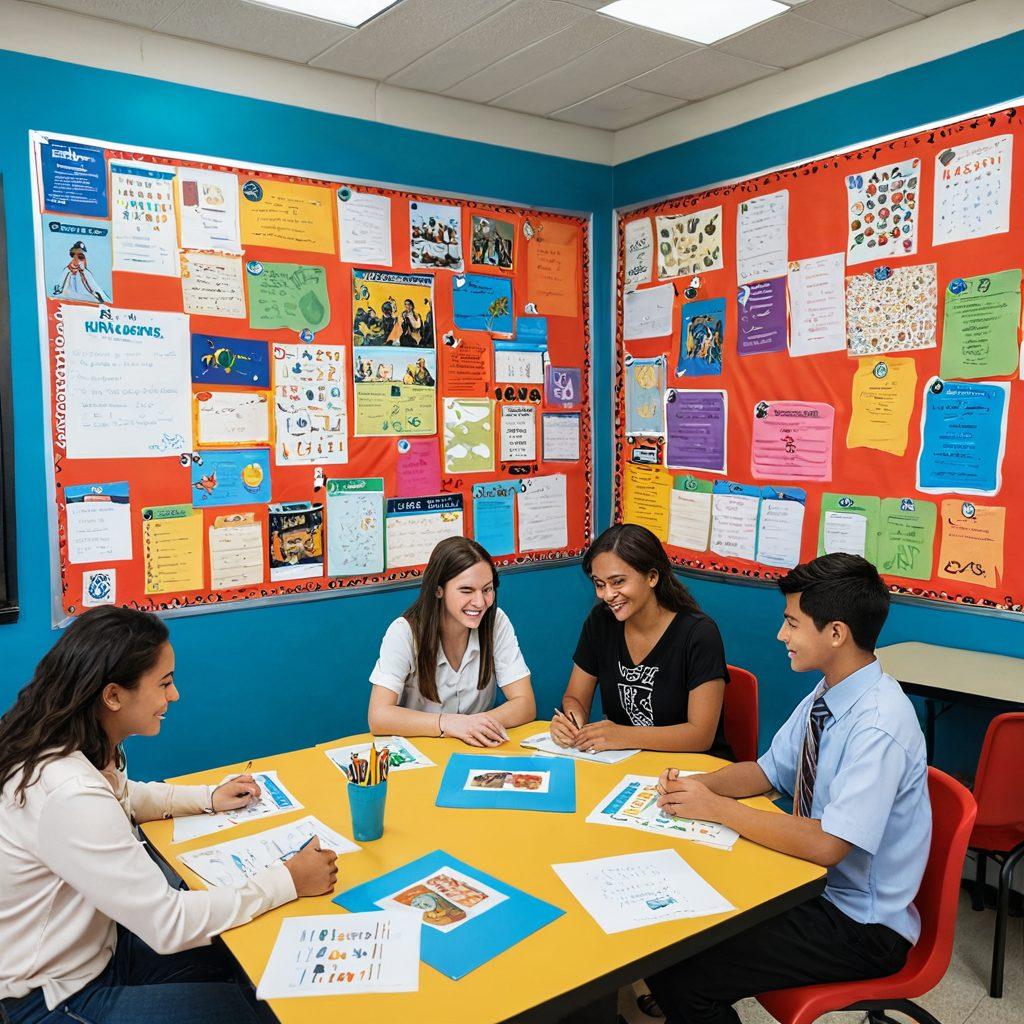 A vibrant classroom scene depicting diverse students actively engaging in language learning, with various practical strategies like flashcards, dialogue bubbles, and colorful posters around them. Show a teacher guiding them, emphasizing collaboration and communication. Include elements showcasing different cultures, such as books and artifacts. super-realistic. vivid colors. warm lighting.